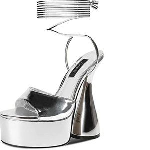 NIB ISNOM Platform Heels Silver Sandals Sz 8 Sexy Stripper Lace Up Peep Toe